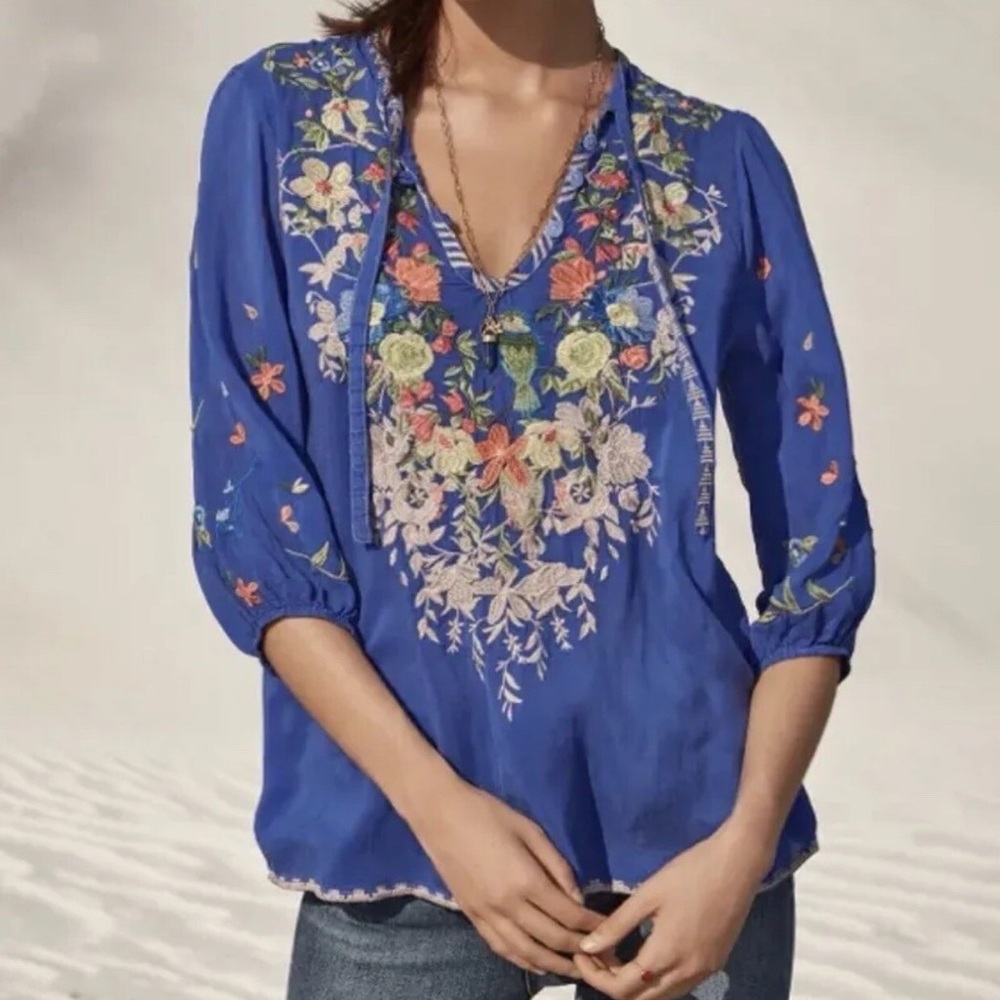 Johnny Was Blue Embellished V-Neck Blouse